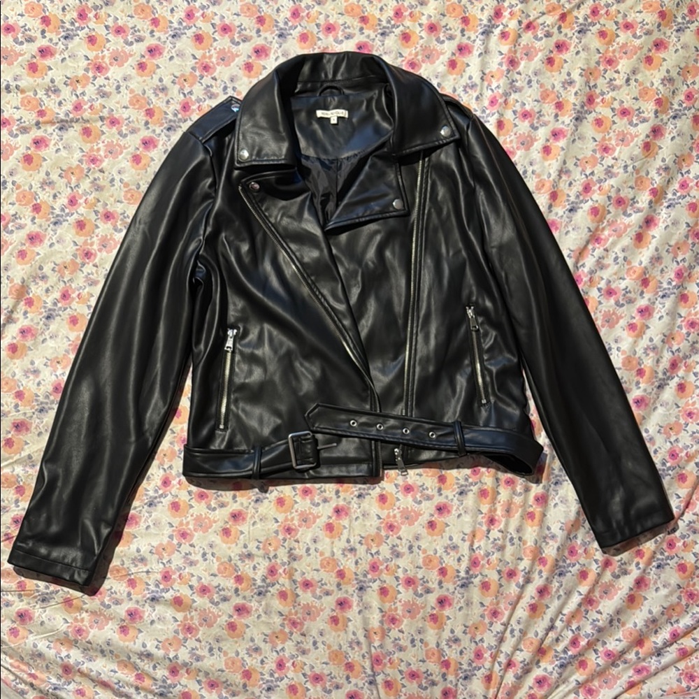 REVOLVE Black Leather Motorcycle Jacket with Asymmetrical Zipper